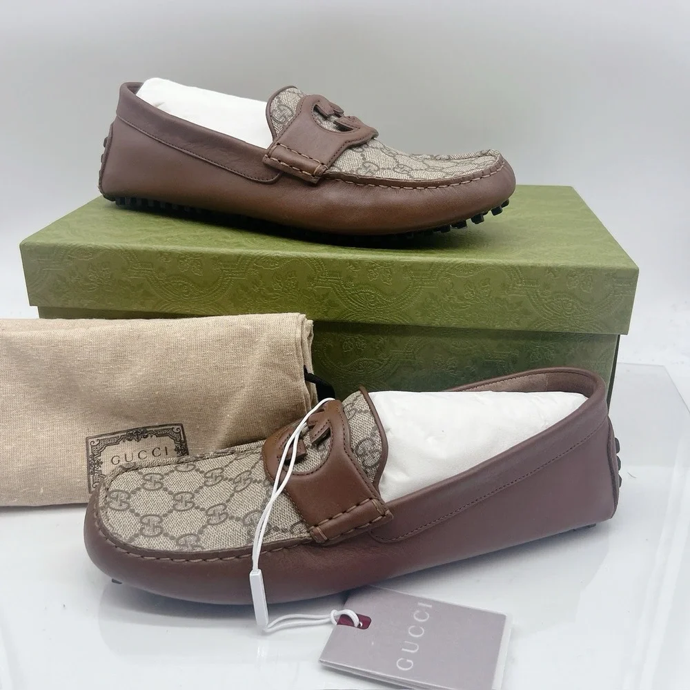 Gucci Supreme GG Interlocking Loafer Driving Shoes Mens Brown UK 8.5 US 9